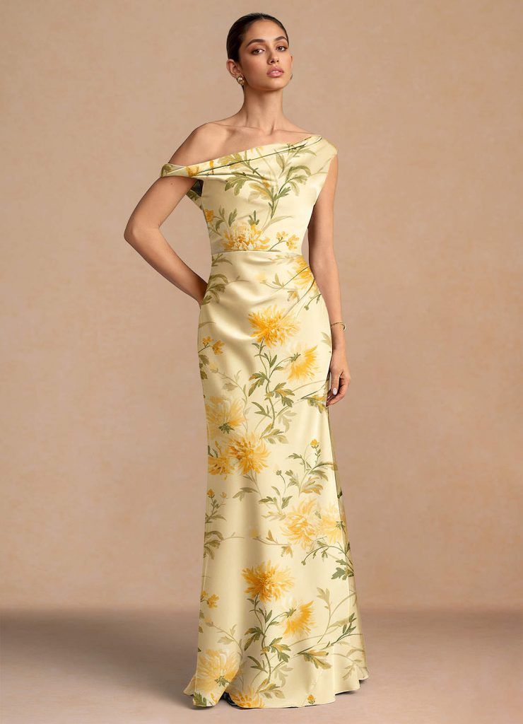Pale Yellow Satin Dress with Asymmetrical Neckline Pale Yellow Satin Dress with Asymmetrical Neckline — Country Wedding Guest Dress 2027