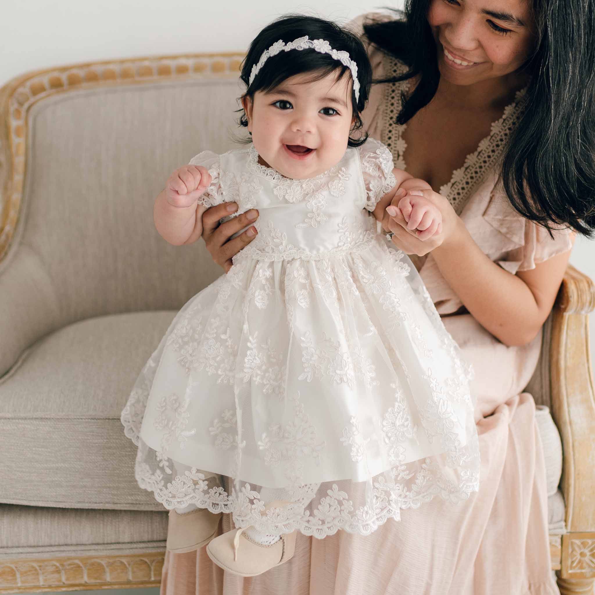 Ivory Lace Dress with Satin Bow Headband and Pink Flats — Christening Outfits 2027
