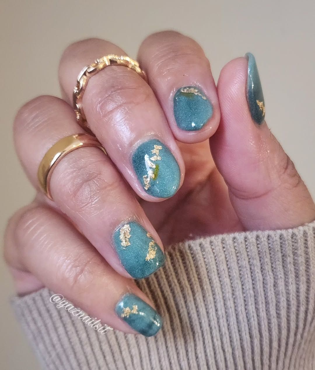 Teal With Gold Foil Flakes — Summer Dip Nails 2027
