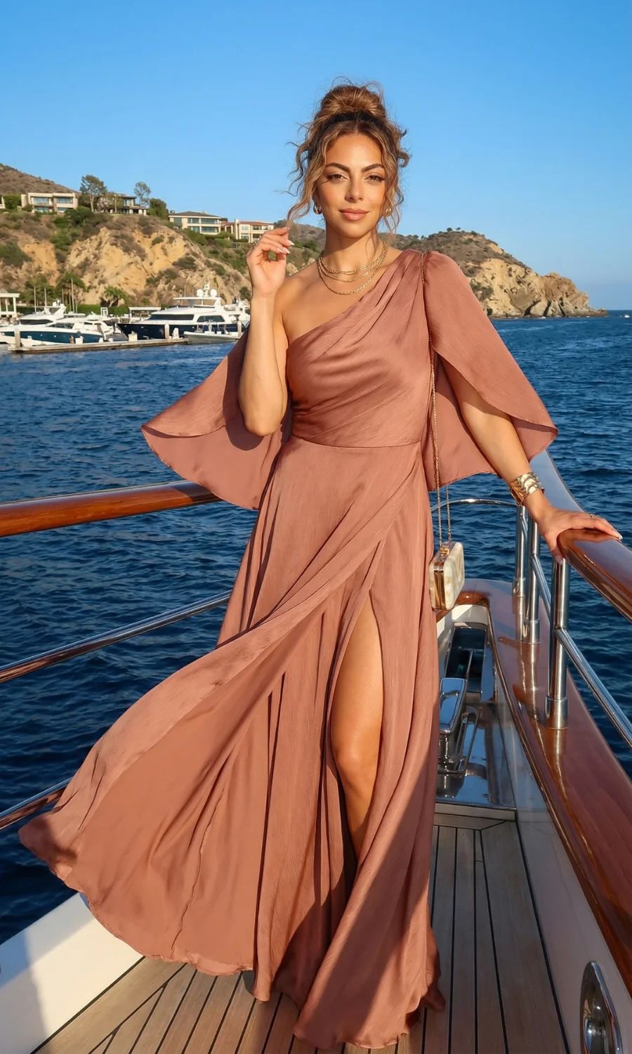 Rosewood Satin Maxi Dress with Draped Neckline for Elegant Evenings Rosewood Satin Maxi Dress with Draped Neckline for Elegant Evenings — Cruise Dinner Dress 2027