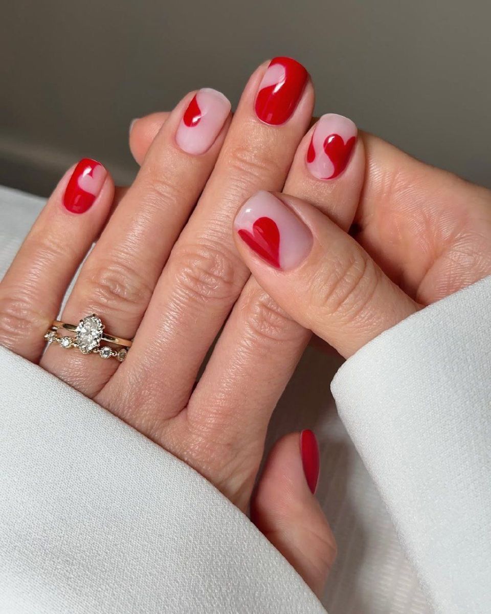 Abstract Red Hearts on Sheer Pink Abstract Red Hearts on Sheer Pink — Mismatched Heart Nails 2027