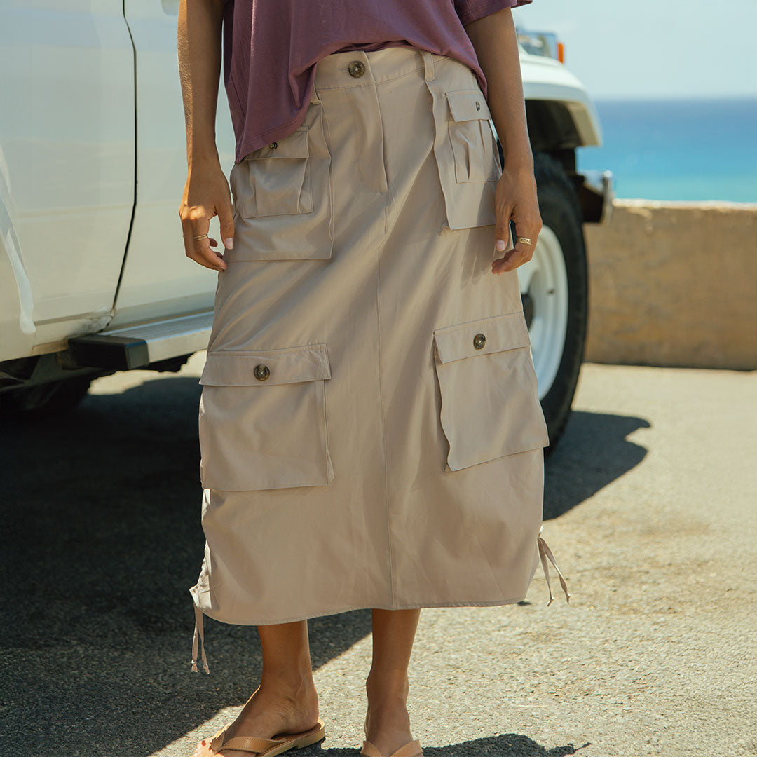 Casual Beige Maxi Cargo Skirt with Drawstring Detail — Cargo Skirts 2027