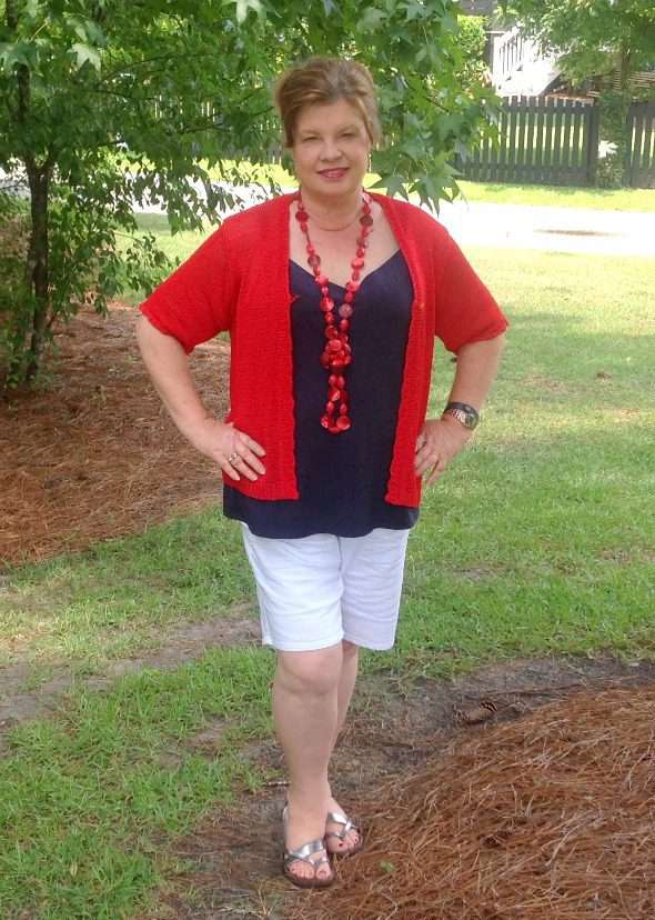Casual Red Layer: Navy Tank with White Shorts and Cardigan Casual Red Layer: Navy Tank with White Shorts and Cardigan — Plus Size 4th of July Outfits 2027