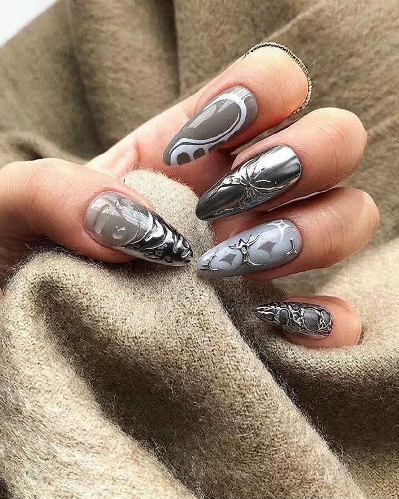 Long Almond Dark Grey Chrome Long Almond Dark Grey Chrome — Dark Chrome Nails 2027
