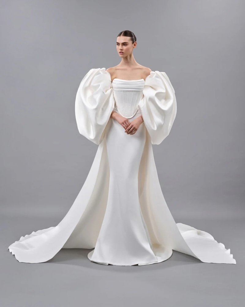 White Satin and Crepe Wedding Dress with Oversized Puff Sleeves White Satin and Crepe Wedding Dress with Oversized Puff Sleeves — Puff Sleeve Dresses 2027