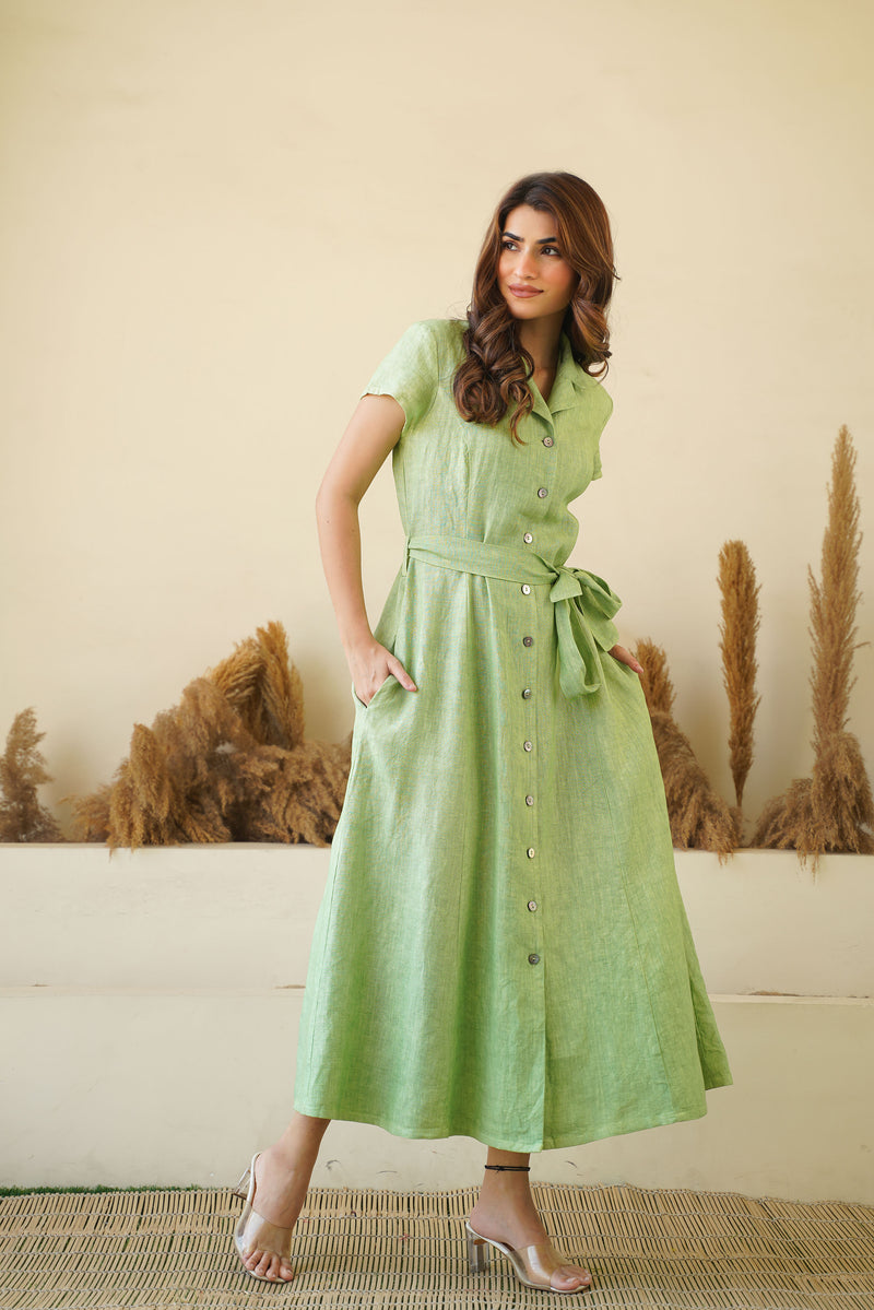 Sage Green Linen Button-Up Midi Dress with Tie Belt Sage Green Linen Button-Up Midi Dress with Tie Belt — Button Up Dress 2027