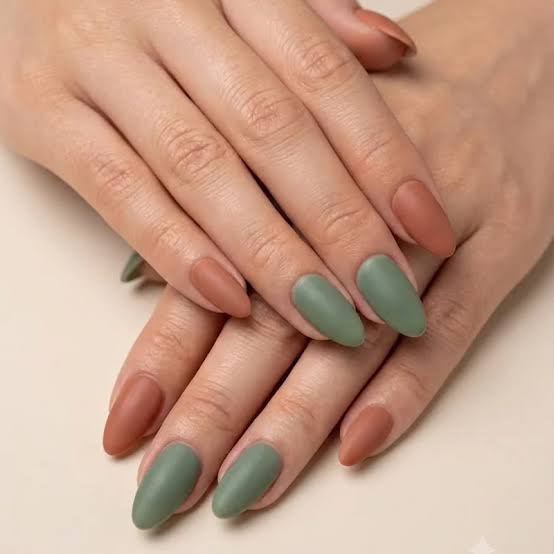 Matte Terracotta and Sage Green Stilettos Matte Terracotta and Sage Green Stilettos — Professional Nails 2027
