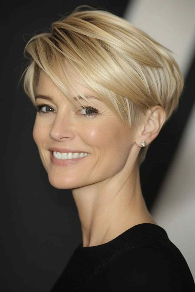 Side-Swept Textured Honey Blonde Pixie With Textured Style Side-Swept Textured Honey Blonde Pixie With Textured Style — Pixie 2027 for Women Over 40