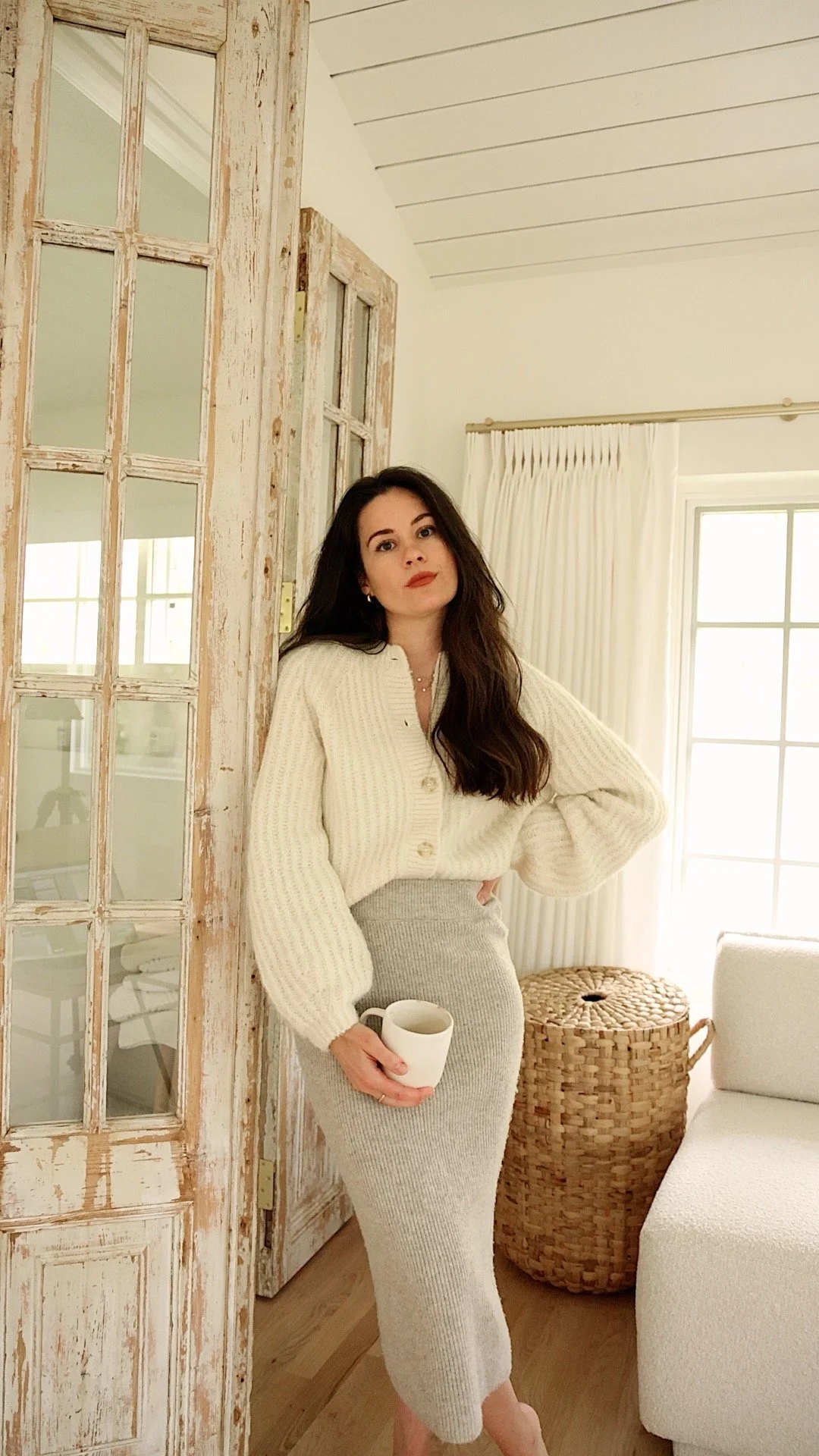 Cozy Cream Cardigan Over Ribbed Knit Midi — Sweater and Skirt Outfits 2027