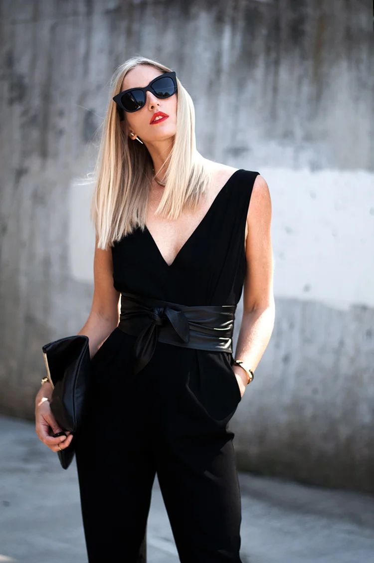 Black Deep V-Neck Jumpsuit with Wide Leather Belt for Evening Black Deep V-Neck Jumpsuit with Wide Leather Belt for Evening — Sleeveless Jumpsuit Outfits 2027