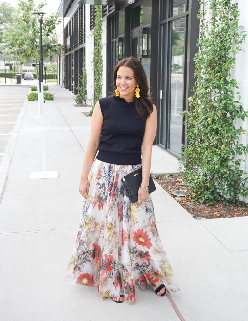 Floral Print Maxi Skirt with Black Sleeveless Top — Summer Wedding Outfits 2027