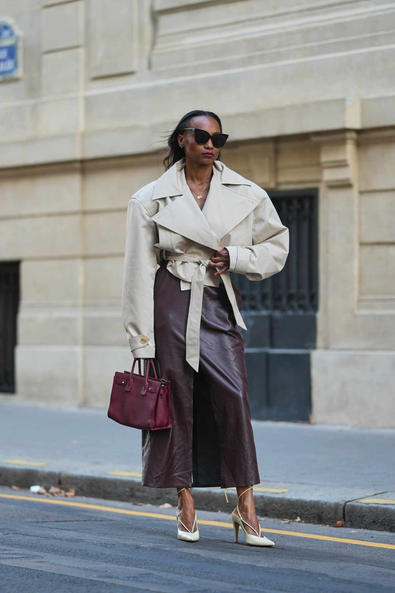 Chic Contrast: Beige Trench Over Leather Skirt Chic Contrast: Beige Trench Over Leather Skirt — Trench Coats 2027
