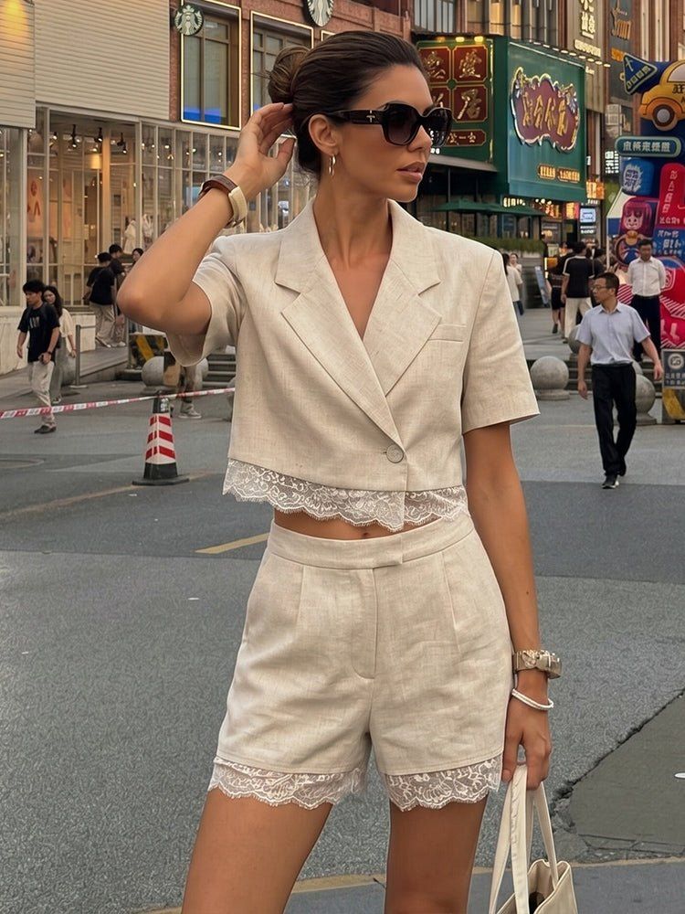 Chic Beige Linen-Blend Blazer and Shorts for Elevated Casual Wear Summer Two Piece Set Outfits 2027