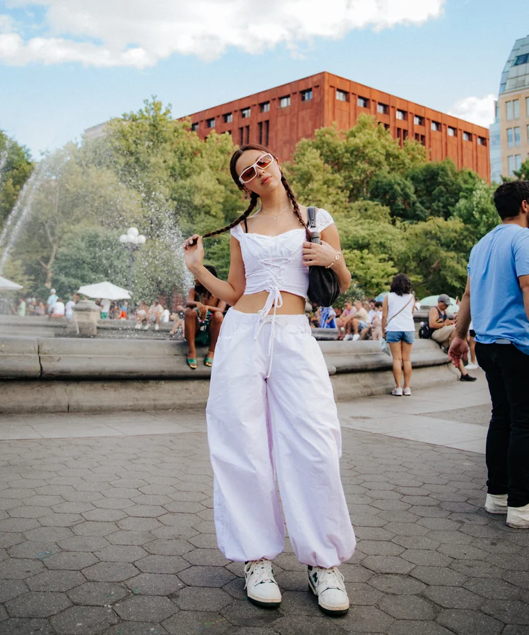 Denim Overalls with Baggy White Pants and Lace-Up Crop Top Denim Overalls with Baggy White Pants and Lace-Up Crop Top — Summer Crop Top Outfits 2027