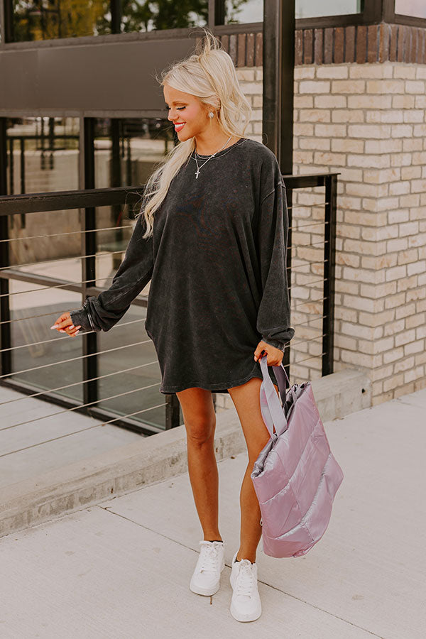 Charcoal Grey Oversized Knit Sweatshirt Dress with Sneakers — Sweatshirt Dress 2027