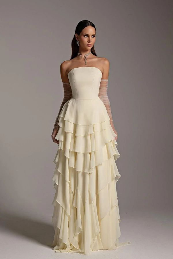 Cream Chiffon Prom Dress with Tiered Ruffled Skirt and Sheer Gloves Cream Chiffon Prom Dress with Tiered Ruffled Skirt and Sheer Gloves — Prom Dress 2027 with Gloves
