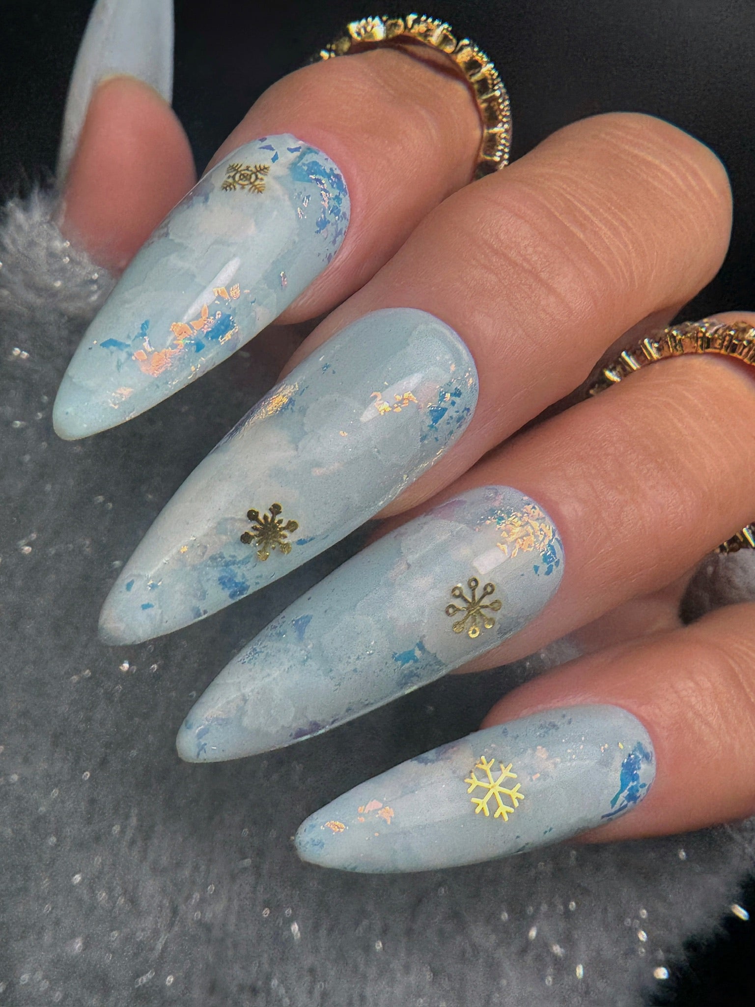 Icy Blue Marbled Snowflake Charm Stilettos Icy Blue Marbled Snowflake Charm Stilettos — Winter Vacation Nails 2027