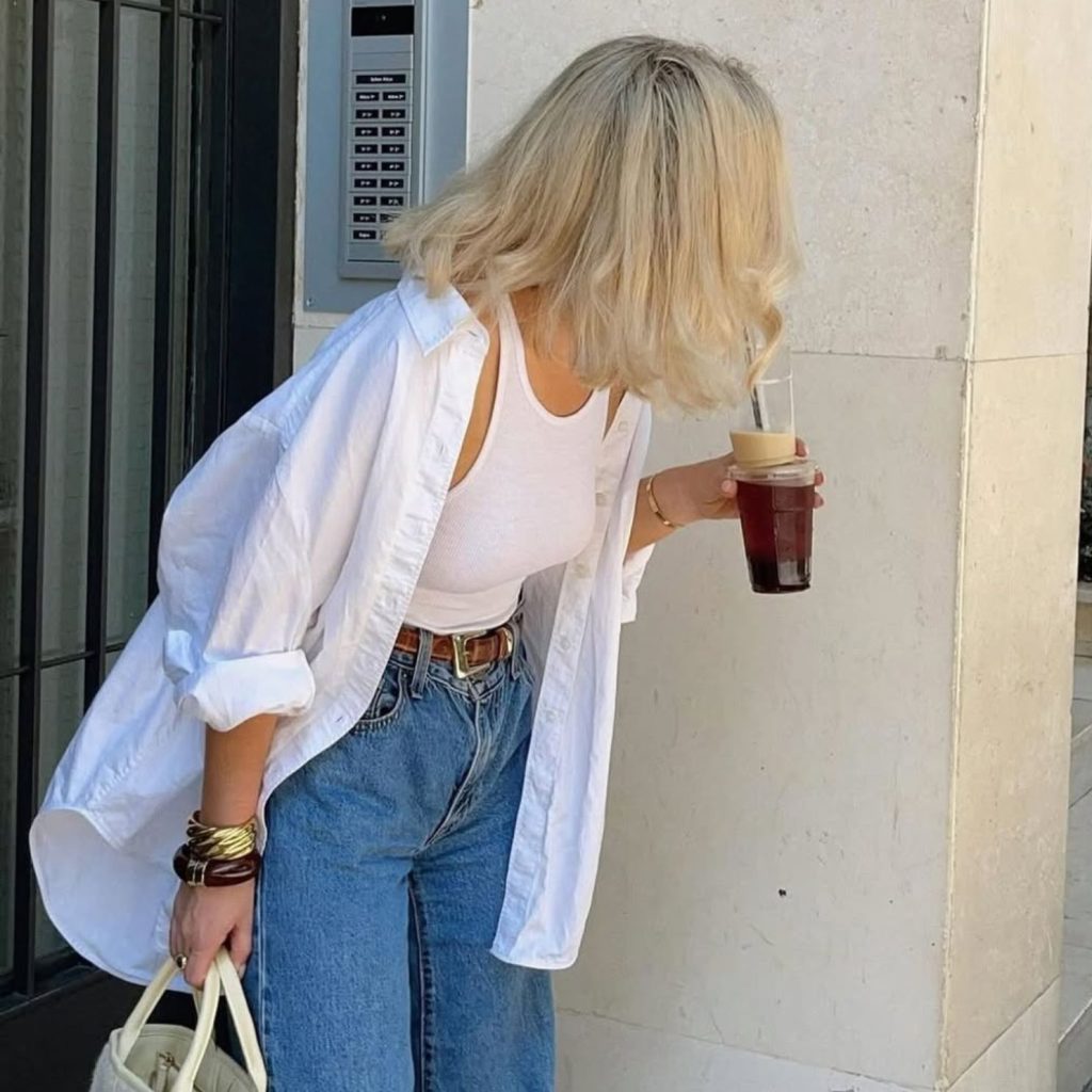 Effortless Ensemble: White Tank Under Oversized Shirt with Brown Leather Sandals — Tank Top Outfits 2027