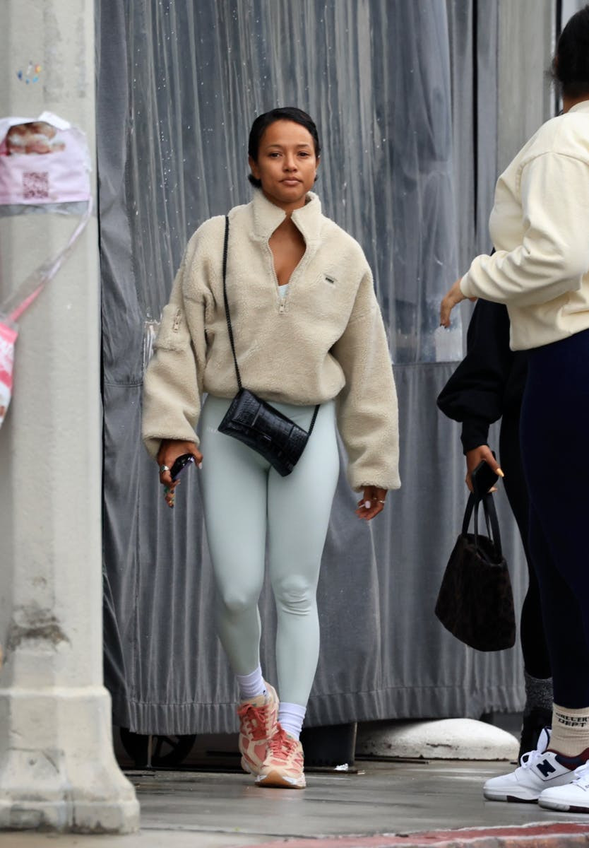 Athleisure Comfort: Fleece Pullover with Light Blue Leggings and Pink 9060s — New Balance 9060 Outfits 2027