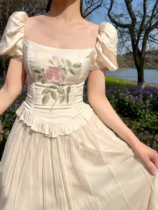 Cream Satin Corset Dress with Embroidered Roses — Fairycore Outfits 2027