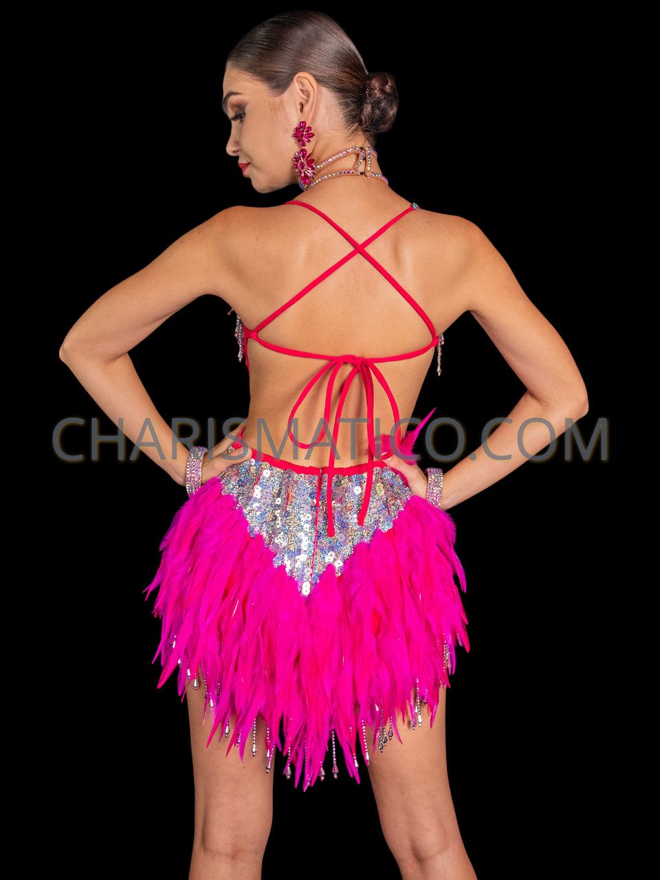 Hot Pink Sequined Dance Dress with Feathered Hem Hot Pink Sequined Dance Dress with Feathered Hem — Pink Rave Outfits 2027