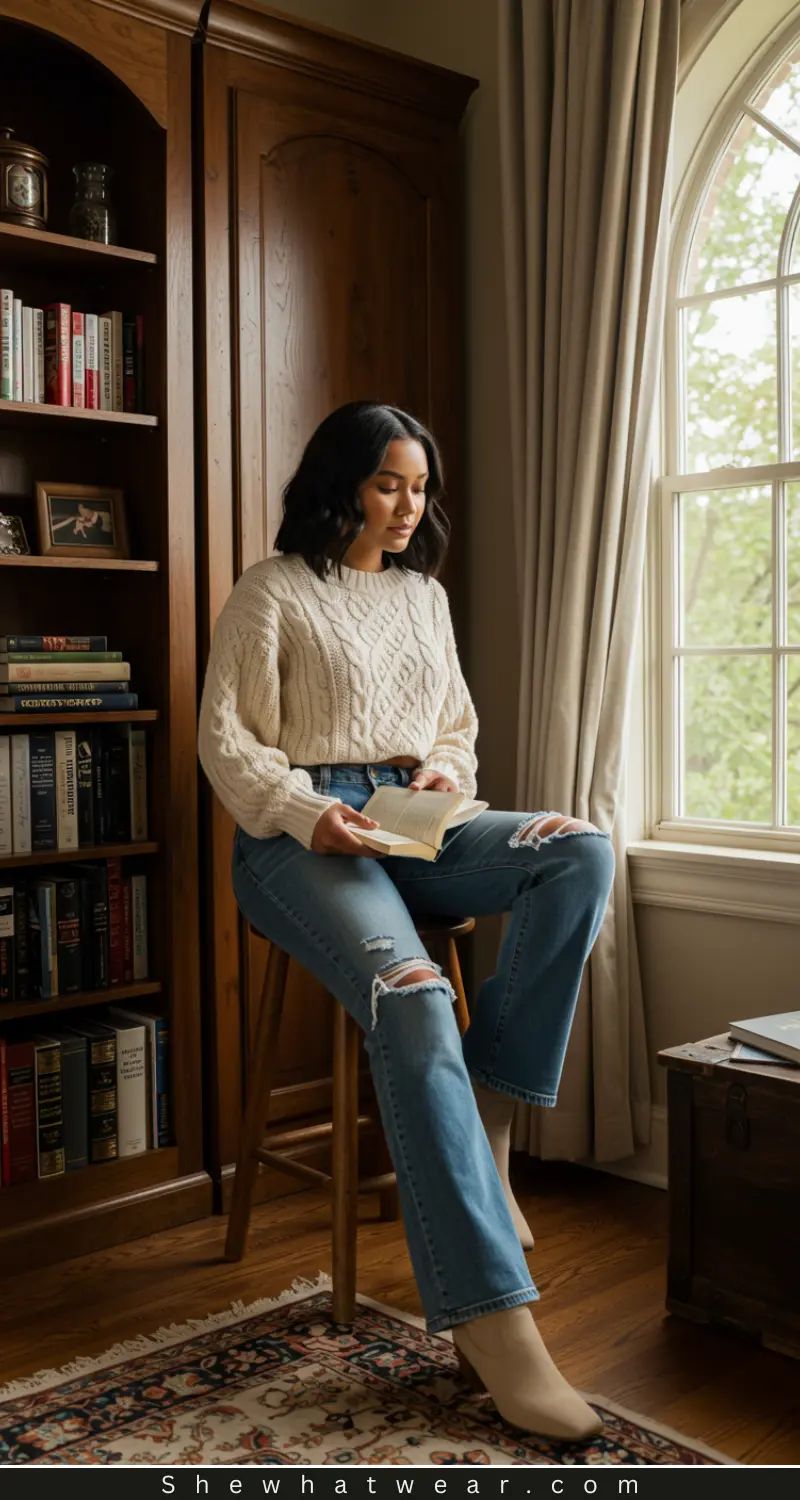 Ripped Knee Detail with Cable-Knit Sweater and Bootcut Jeans Ripped Knee Detail with Cable-Knit Sweater and Bootcut Jeans — Bootcut Jeans Outfits 2027 with Heels
