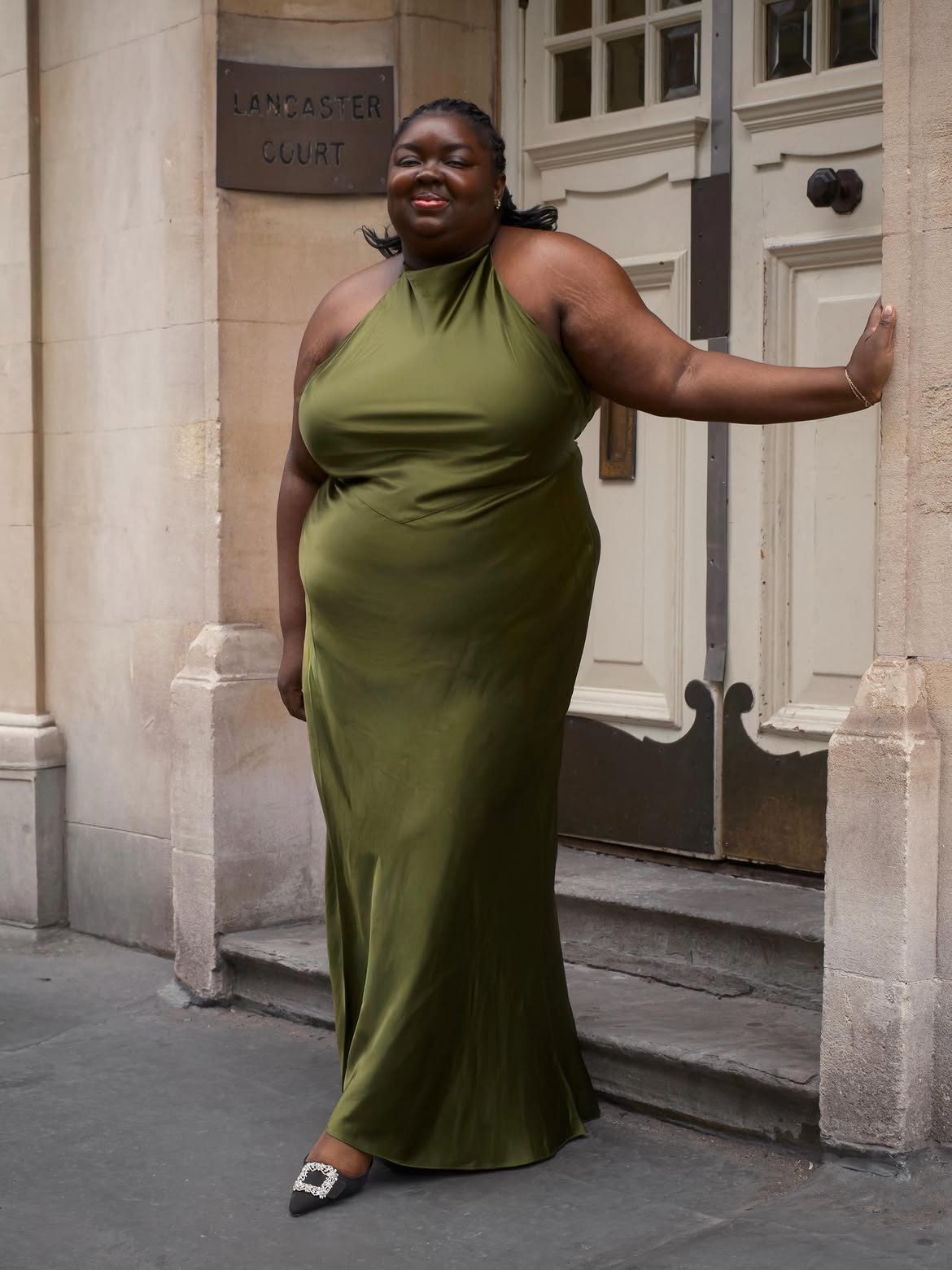 Elegant Olive Green Satin Halter Neck Dress — Curvy Outfits 2027