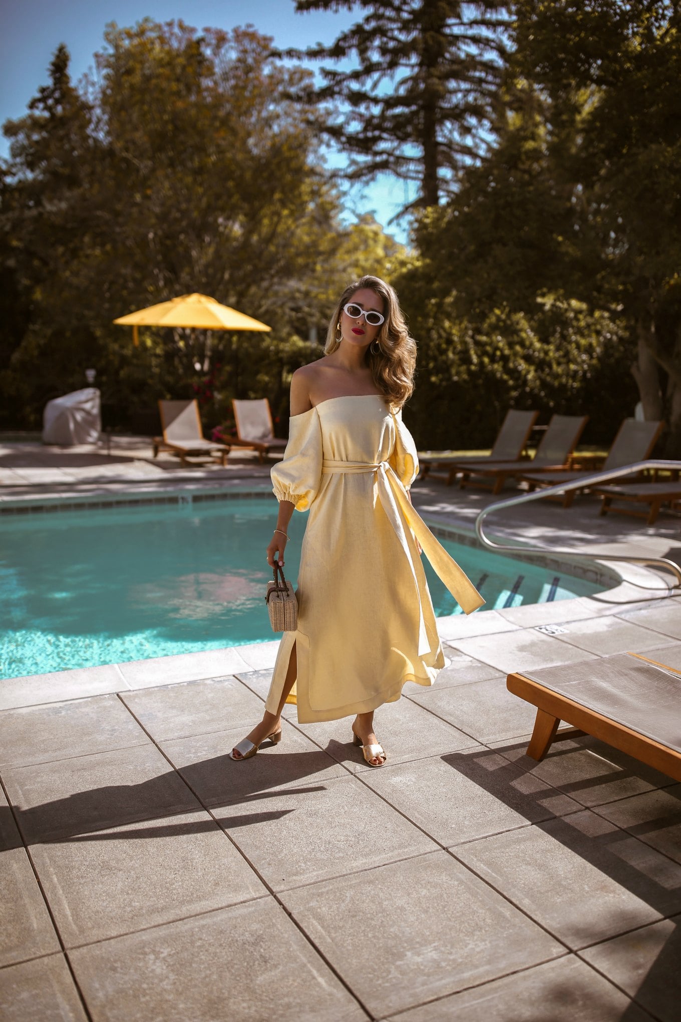 Elegant Pale Yellow Off-the-Shoulder Midi Dress with Puff Sleeves Elegant Pale Yellow Off-the-Shoulder Midi Dress with Puff Sleeves — Pool Party Outfits 2027