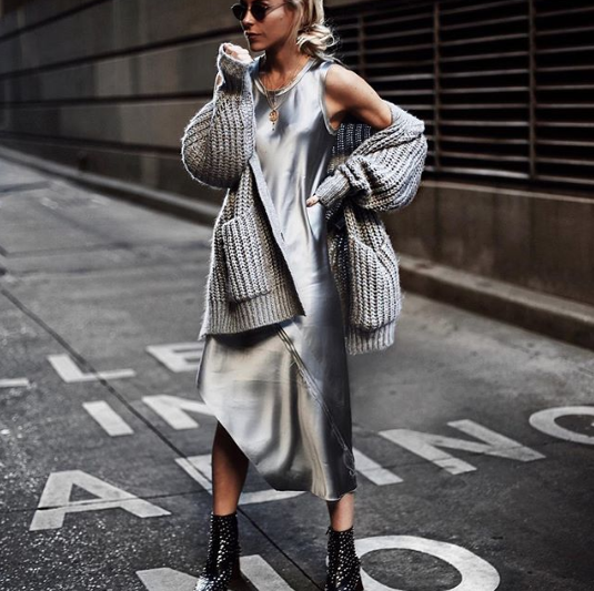 Casual Cool: Silver Satin Slip Dress with Knit Cardigan — Metallic Outfits 2027