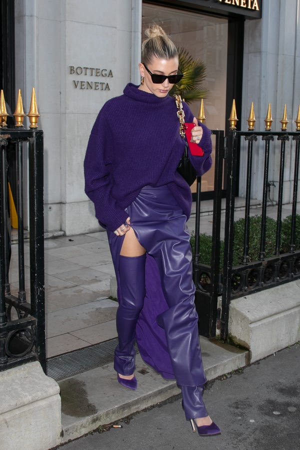 Street Style: Purple Leather Leg Warmers with Maxi Skirt Street Style: Purple Leather Leg Warmers with Maxi Skirt — Purple Leather Outfits 2027