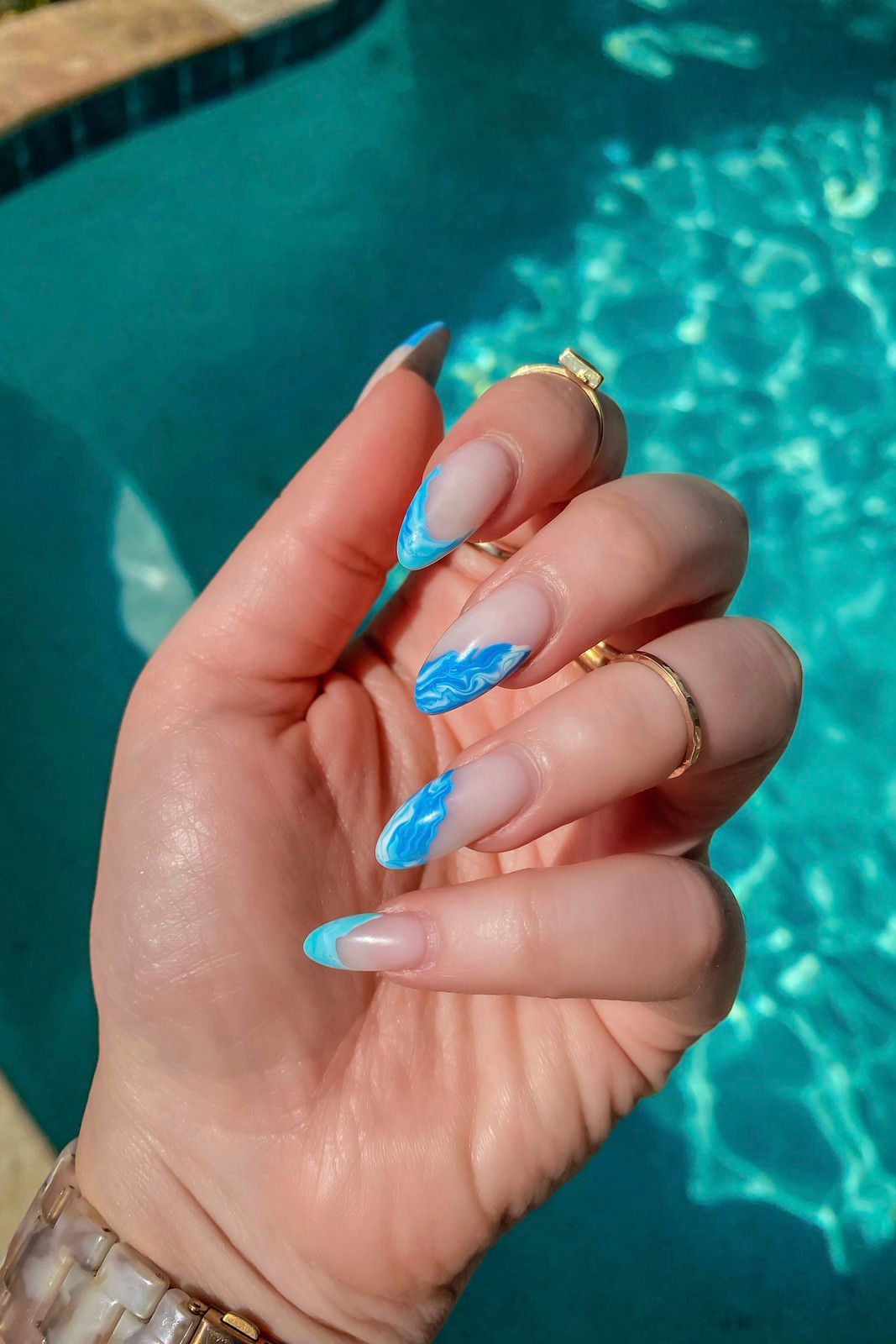 Medium Almond Watercolor French Tips — Blue Watercolor Nails 2027