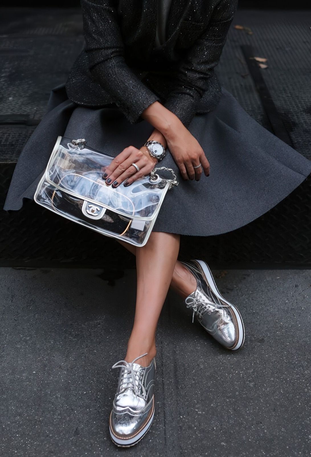 Sparkly Blazer and Midi Skirt with a Clear Structured Handbag — Clear Bag Outfits 2027