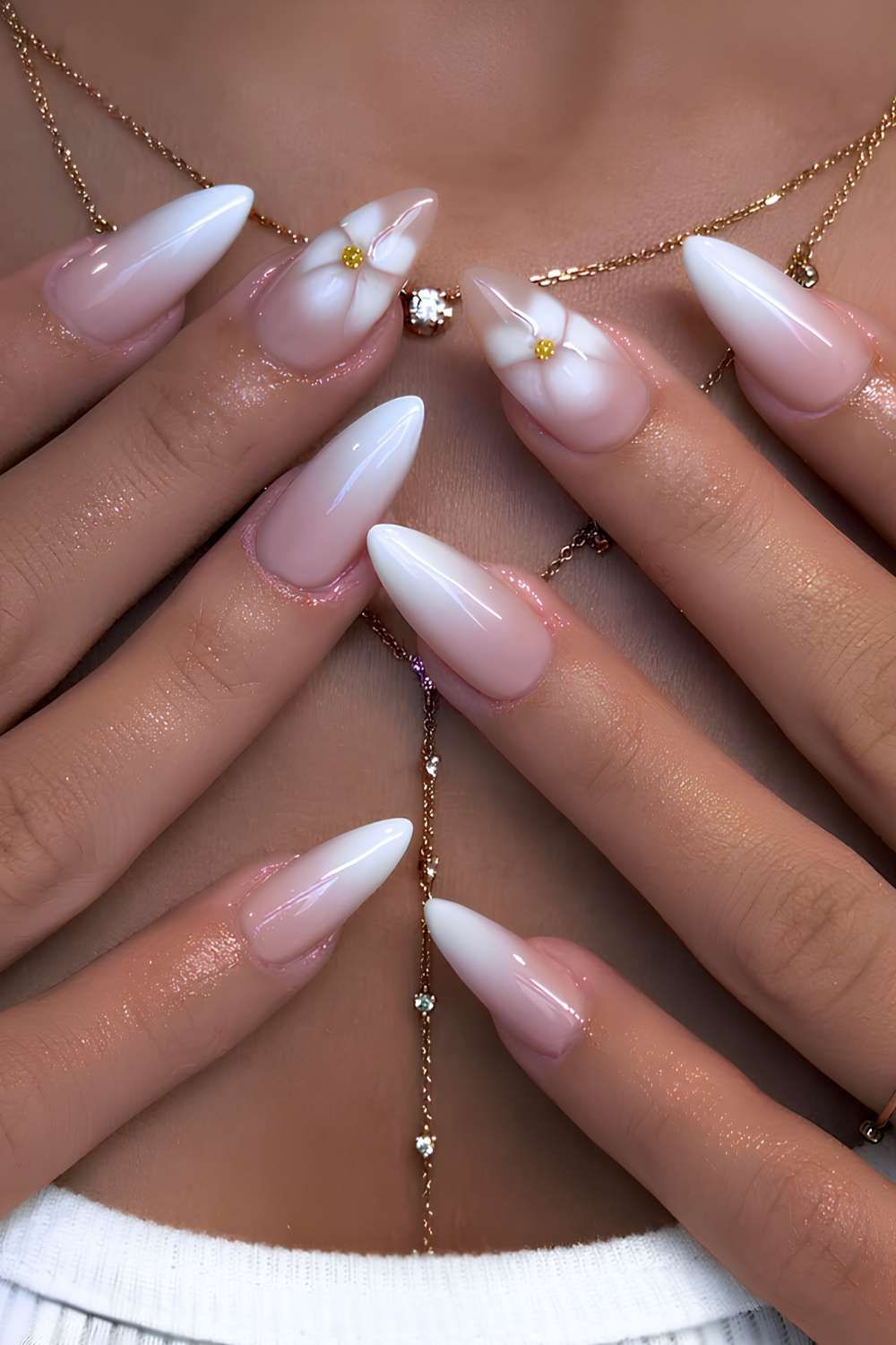 Dramatic White Floral Ombre Stilettos — Floral Gel Nails 2027