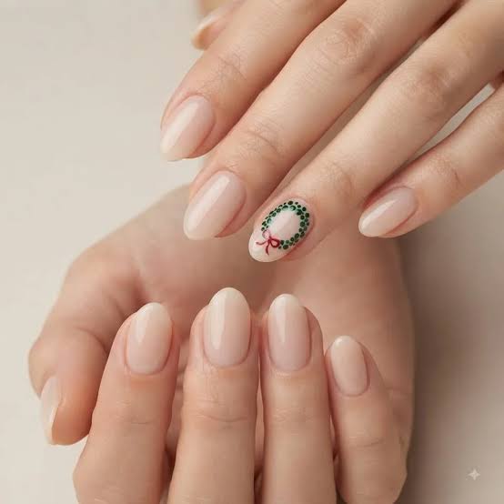 Sheer Nude with Delicate Wreath and Bow — Short Christmas Nails 2026