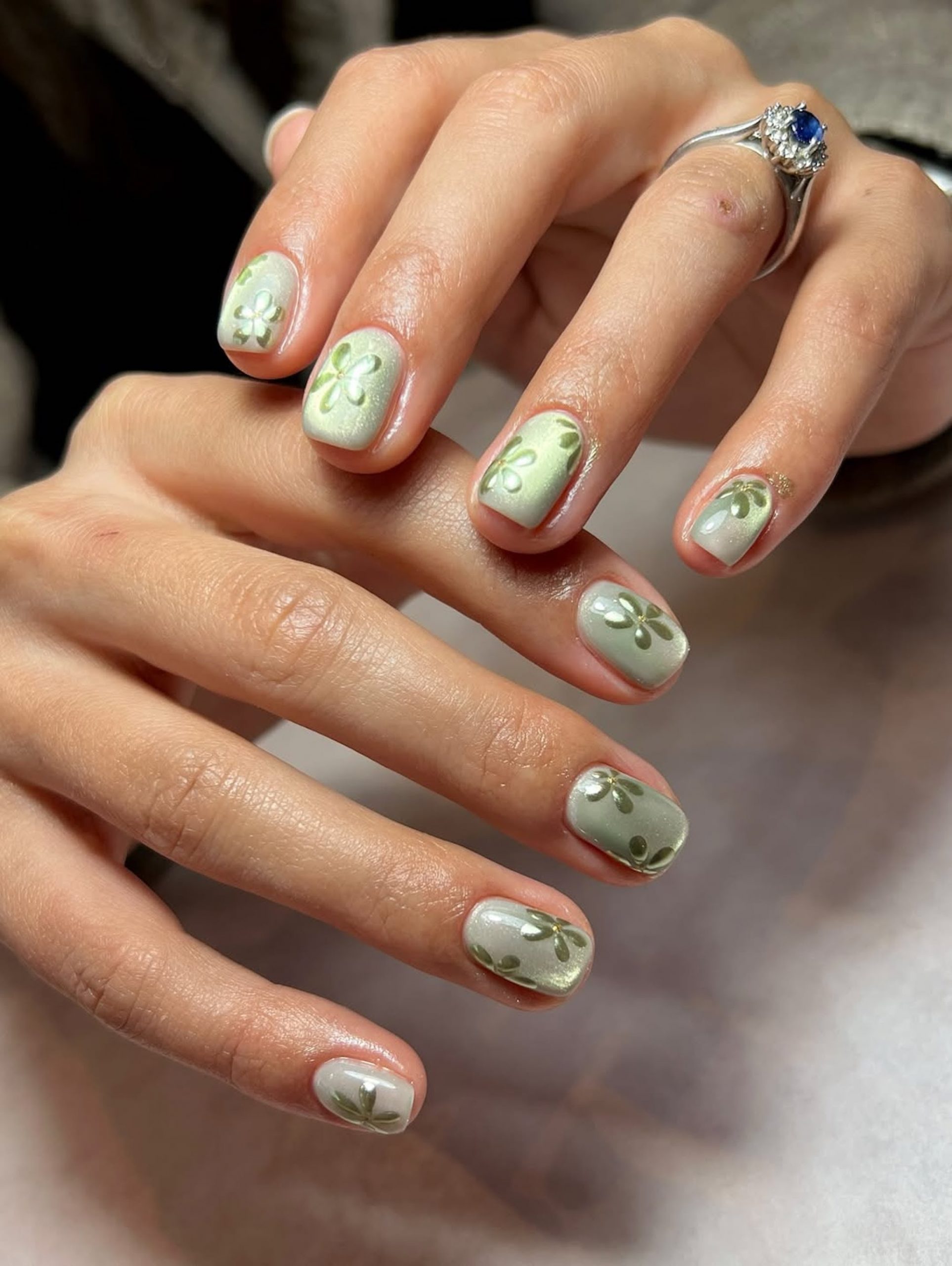 Pale Green Floral Motif Satin Nails — Nail Colors 2027