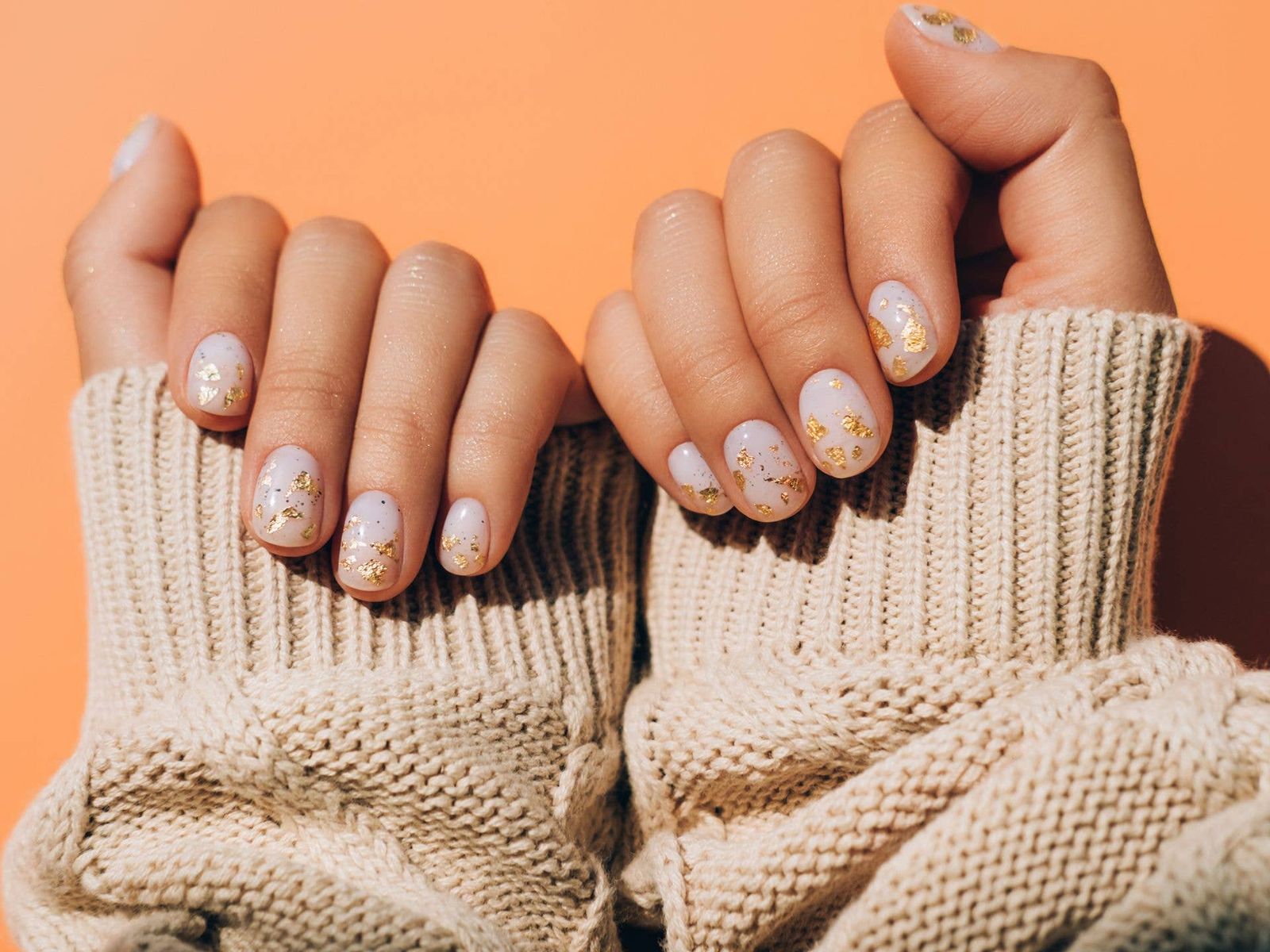 Scattered Gold Foil Flakes On All Nails Visual Idea Scattered Gold Foil Flakes On All Nails Visual Idea — Simple Gymnastics Nails 2027