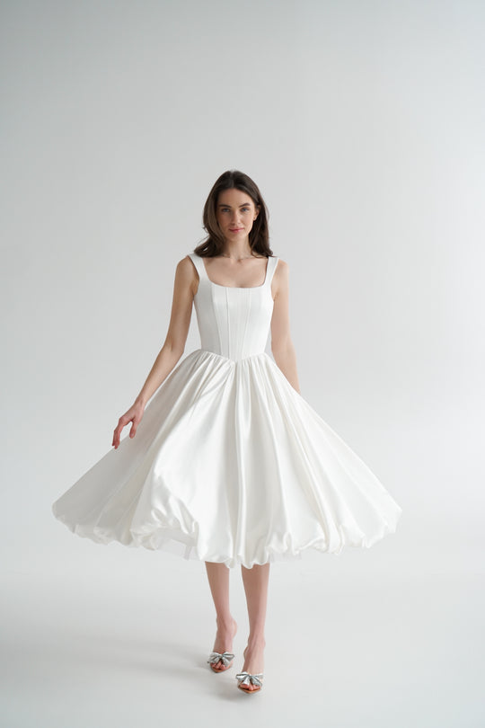 Chic Ivory Bubble Hem Dress with Embellished Heels — Bridal Shower Dresses 2027