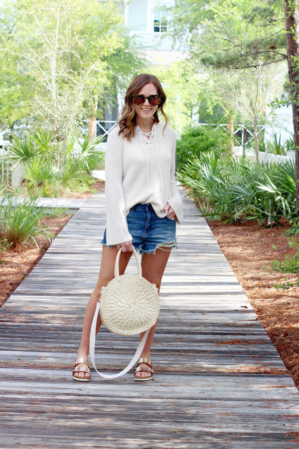 Knit Sweater and Distressed Denim with Straw Bag — Spring Denim Shorts Outfits 2027
