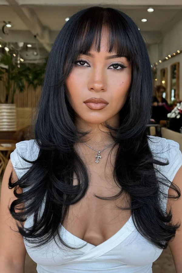 Mid-Back Waves With Wispy Bangs Mid-Back Waves With Wispy Bangs — Black Bangs 2027