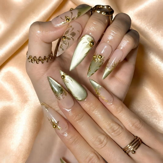 Gold Floral Metallic Sage Stiletto Gold Floral Metallic Sage Stiletto — Wedding Guest Nails 2027