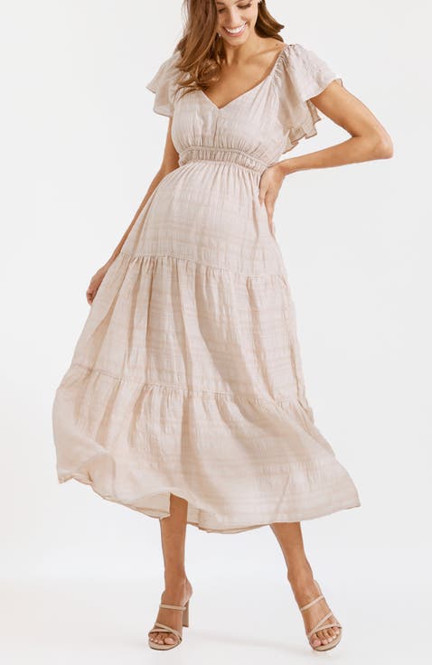 Pale Beige Flutter Sleeve Tiered Maternity Midi Dress Pale Beige Flutter Sleeve Tiered Maternity Midi Dress — Maternity Dresses 2027