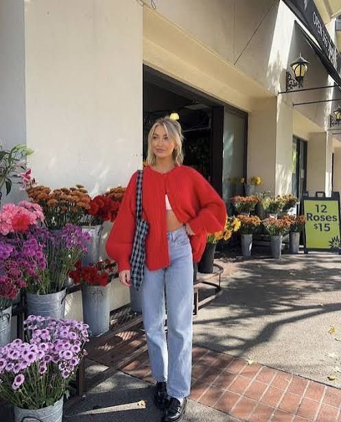 Black Loafers with Red Cardigan and Light Blue Jeans Black Loafers with Red Cardigan and Light Blue Jeans — Spring Outfits 2027 with Loafers