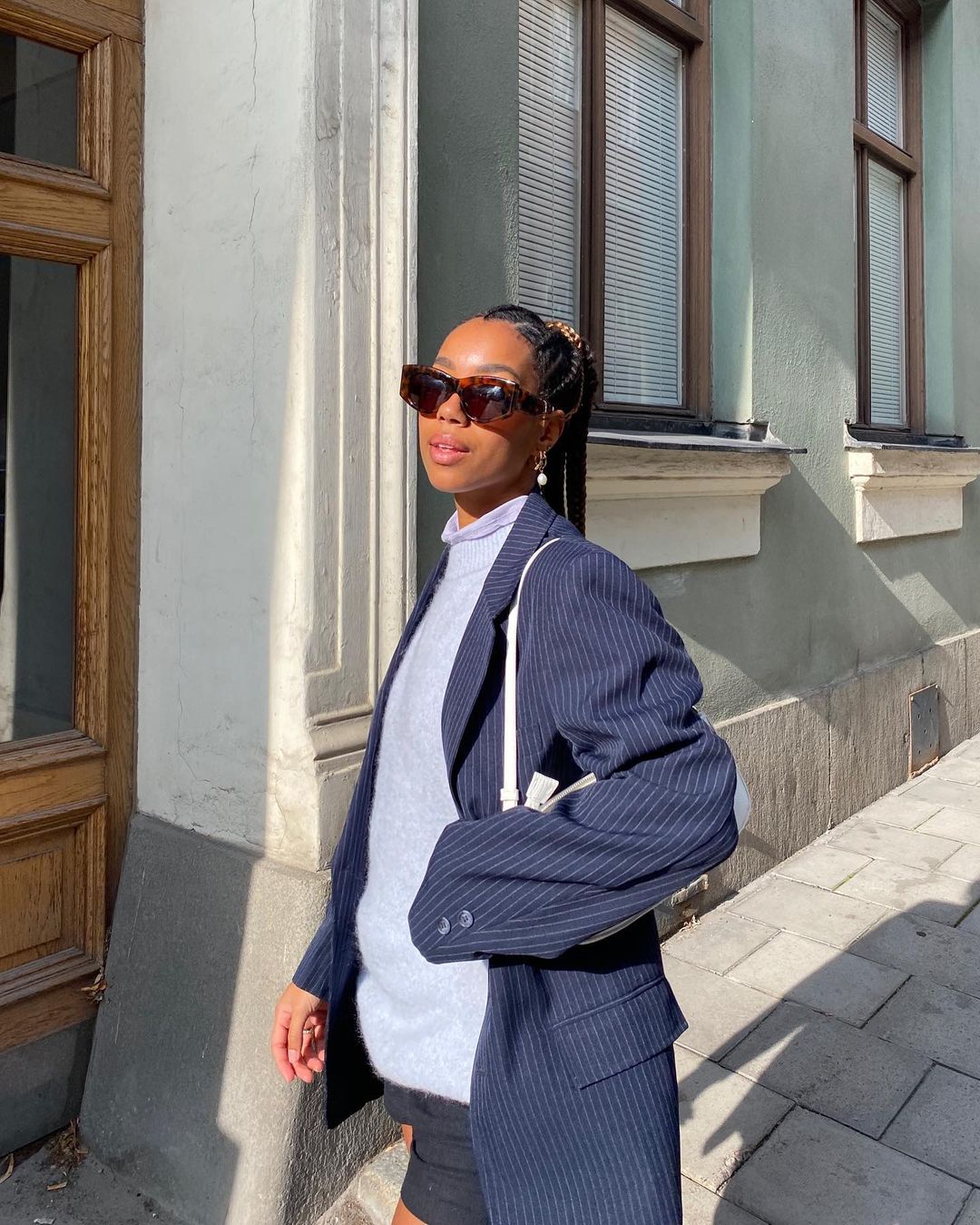 Oversized Navy Pinstripe Blazer Over Grey Turtleneck Oversized Navy Pinstripe Blazer Over Grey Turtleneck — Pinstripe Outfits 2027