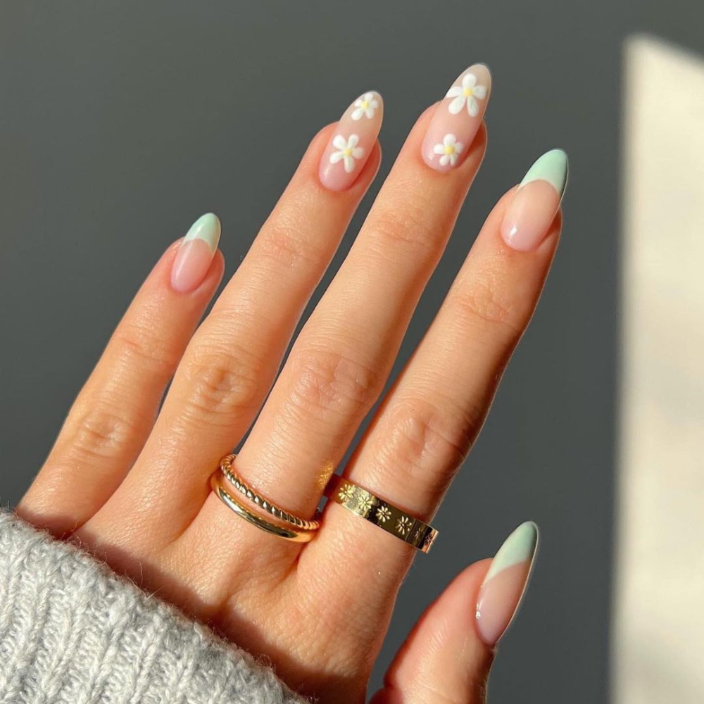 Mint Green French Floral Almond Nails Mint Green French Floral Almond Nails — Spring Acrylic Nails 2027