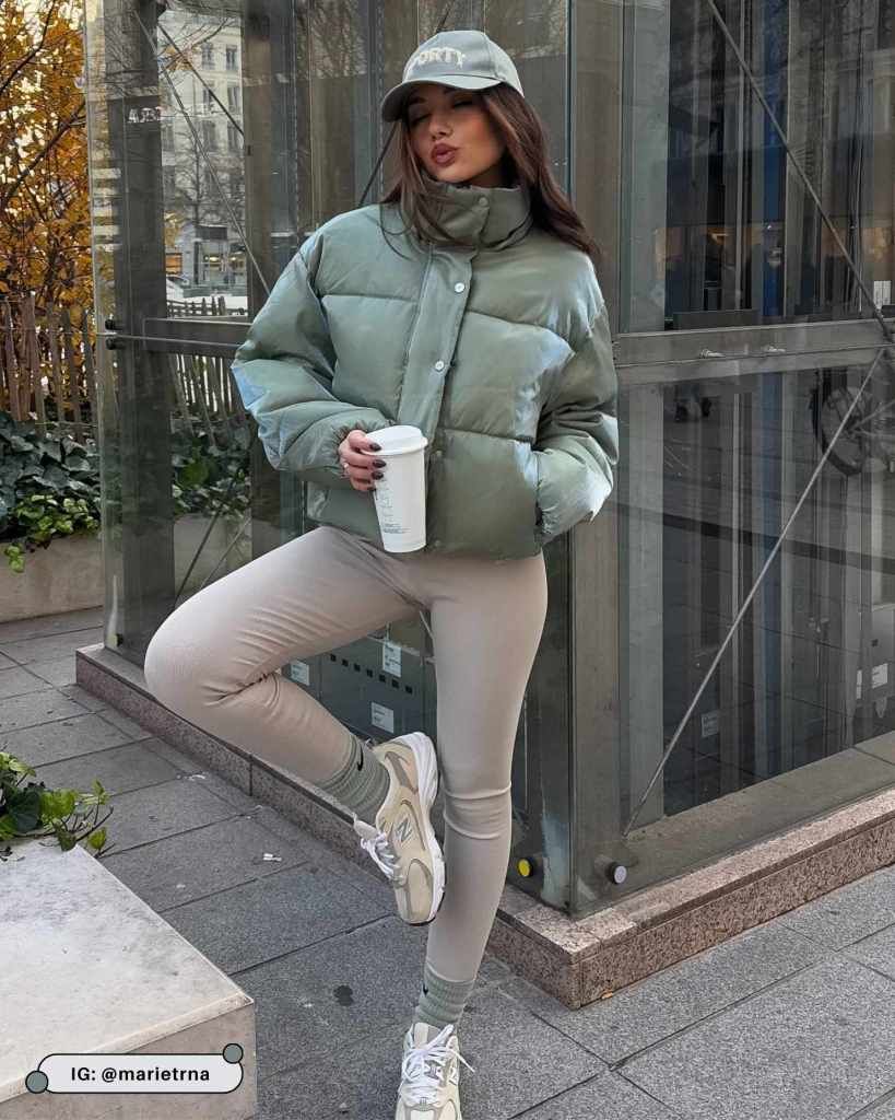 Sage Green Puffer with Leggings and Cap — Winter Puffer Jacket Outfits 2027