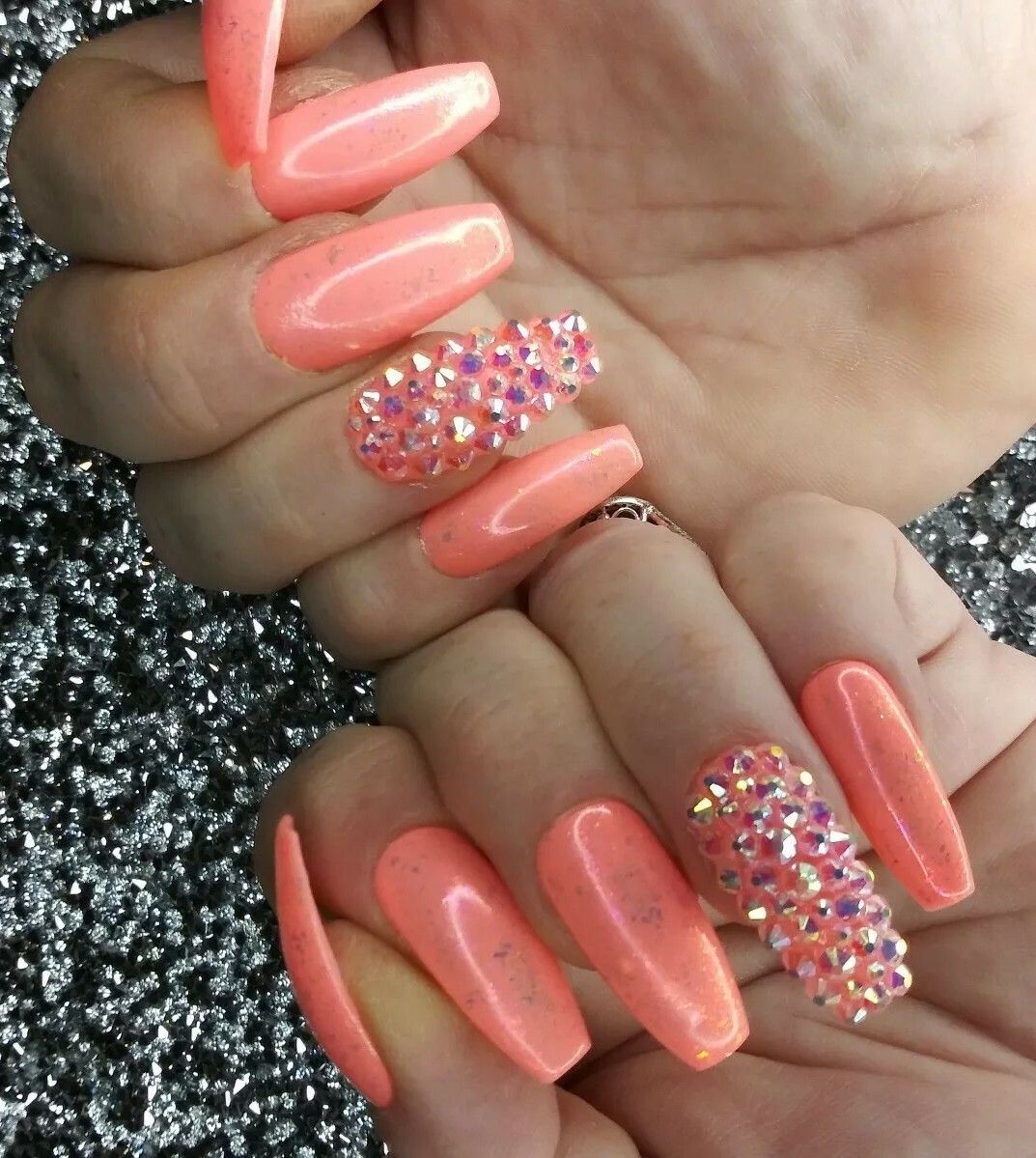 Glossy With Fine Glitter Visual Idea — Coral Coffin Nails 2027