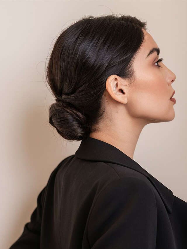 Polished Side-Low Bun on Dark Brown Hair Polished Side-Low Bun on Dark Brown Hair — Office Hairstyles 2027