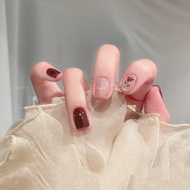 Wine Red Glitter Floral Decal Short Square Nails Wine Red Glitter Floral Decal Short Square Nails — Short Press On Nails 2027