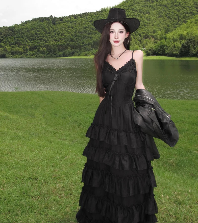 Tiered Lace Trim Maxi Dress Styled with a Leather Jacket Tiered Lace Trim Maxi Dress Styled with a Leather Jacket — Dark Romantic Outfits 2027