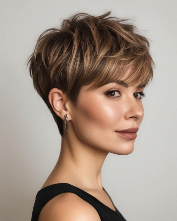Textured Dark Brown Pixie with Wispy Bangs — It Features Short Pixie 2027 with Bangs